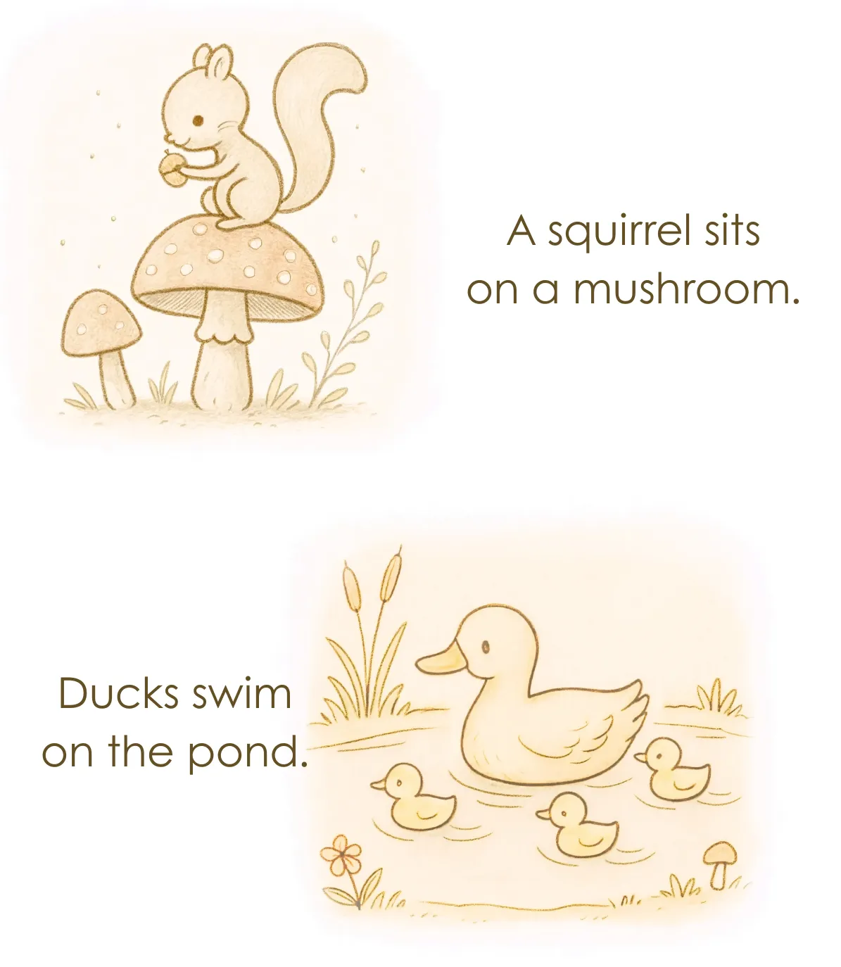 A squirrel on a mushroom and ducks on a pond.