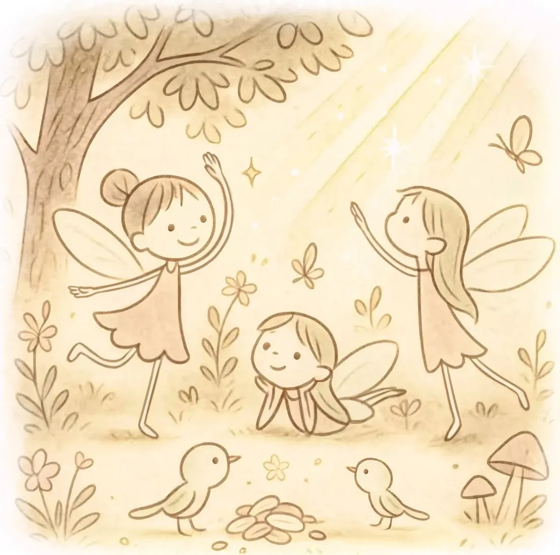 Three fairies dancing beneath a sunlit tree